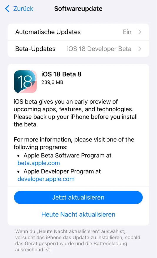 滕州苹果手机维修分享苹果 iOS / iPadOS 18 开发者预览版 Beta 8 发布 